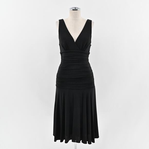 BCBGMAXAZRIA Dress Size M Black Sleeveless VNeck Ruched Drape Stretch Drop Waist - Picture 1 of 12